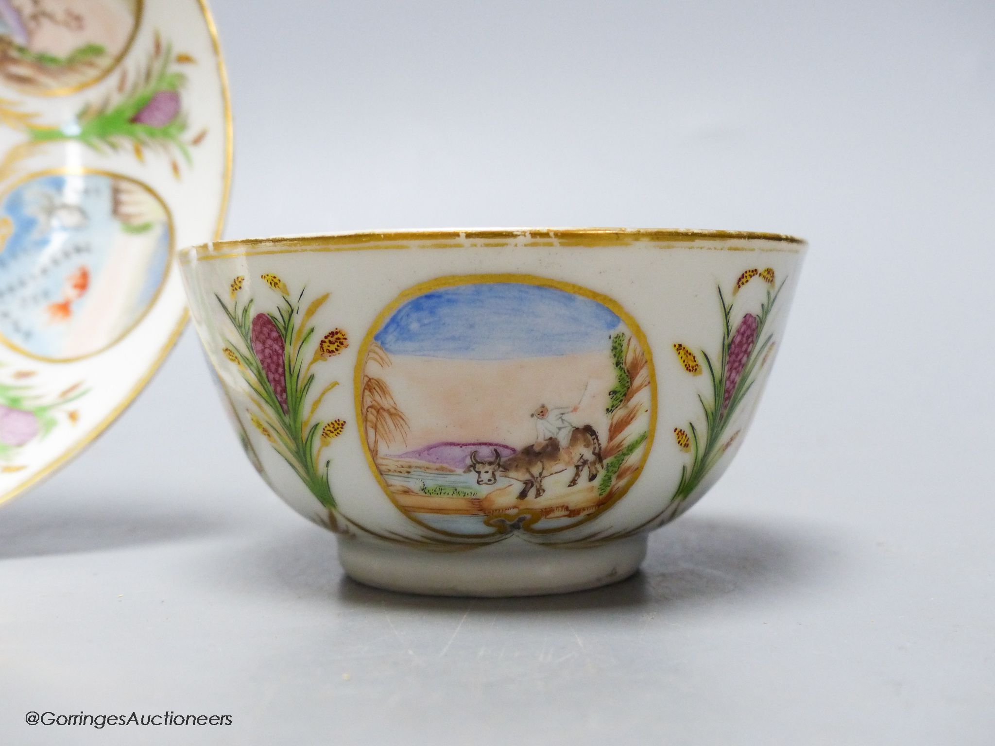An unusual Chinese famille rose tea bowl and saucer, 18th century, saucer diameter 14cm